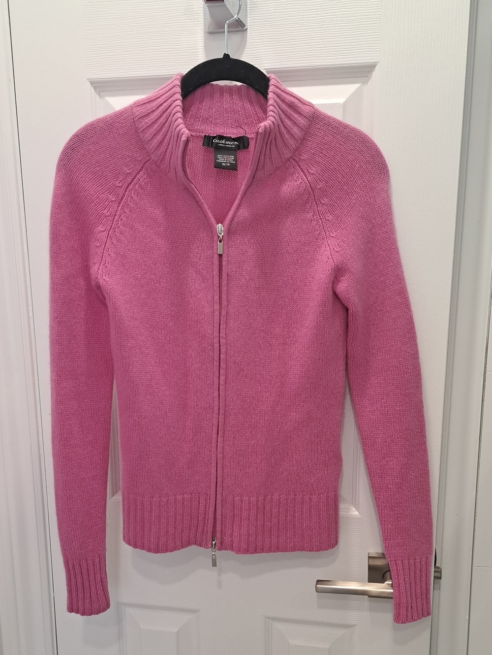 Lord And Taylor Cashmere Rose Pink Zip-Up Ribbed Collar Cardigan Size Xsmall